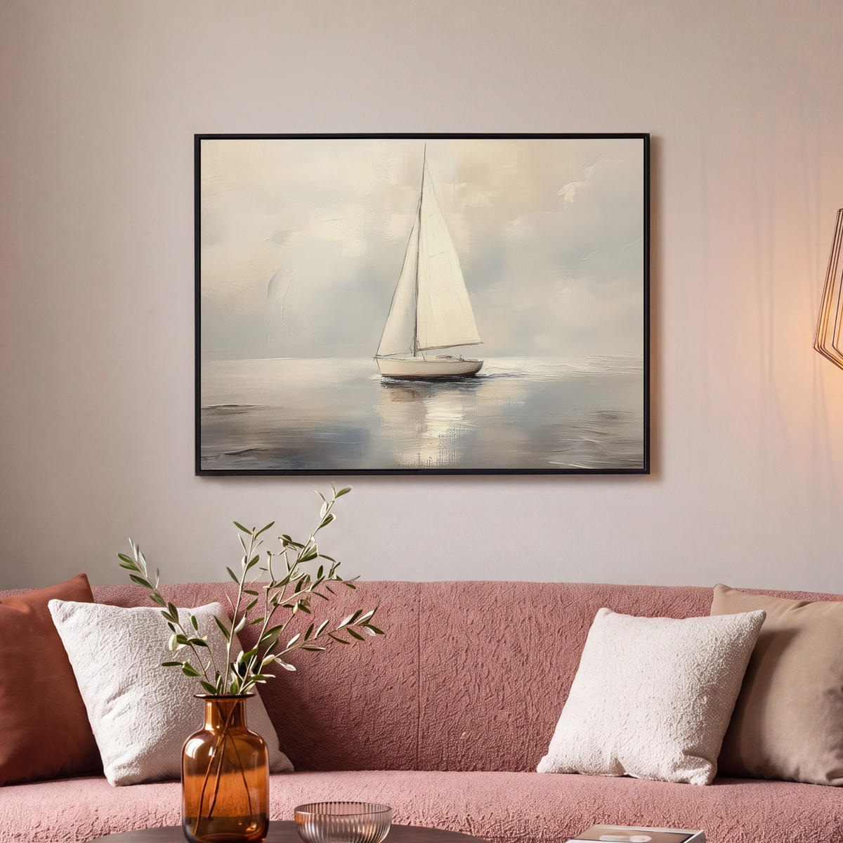 LEINWAND Bilder mit Rahmen - Segelschiff - Meer - Bewölkt - 80x60 - Creme, Textil (80/60cm) - MuchoWow