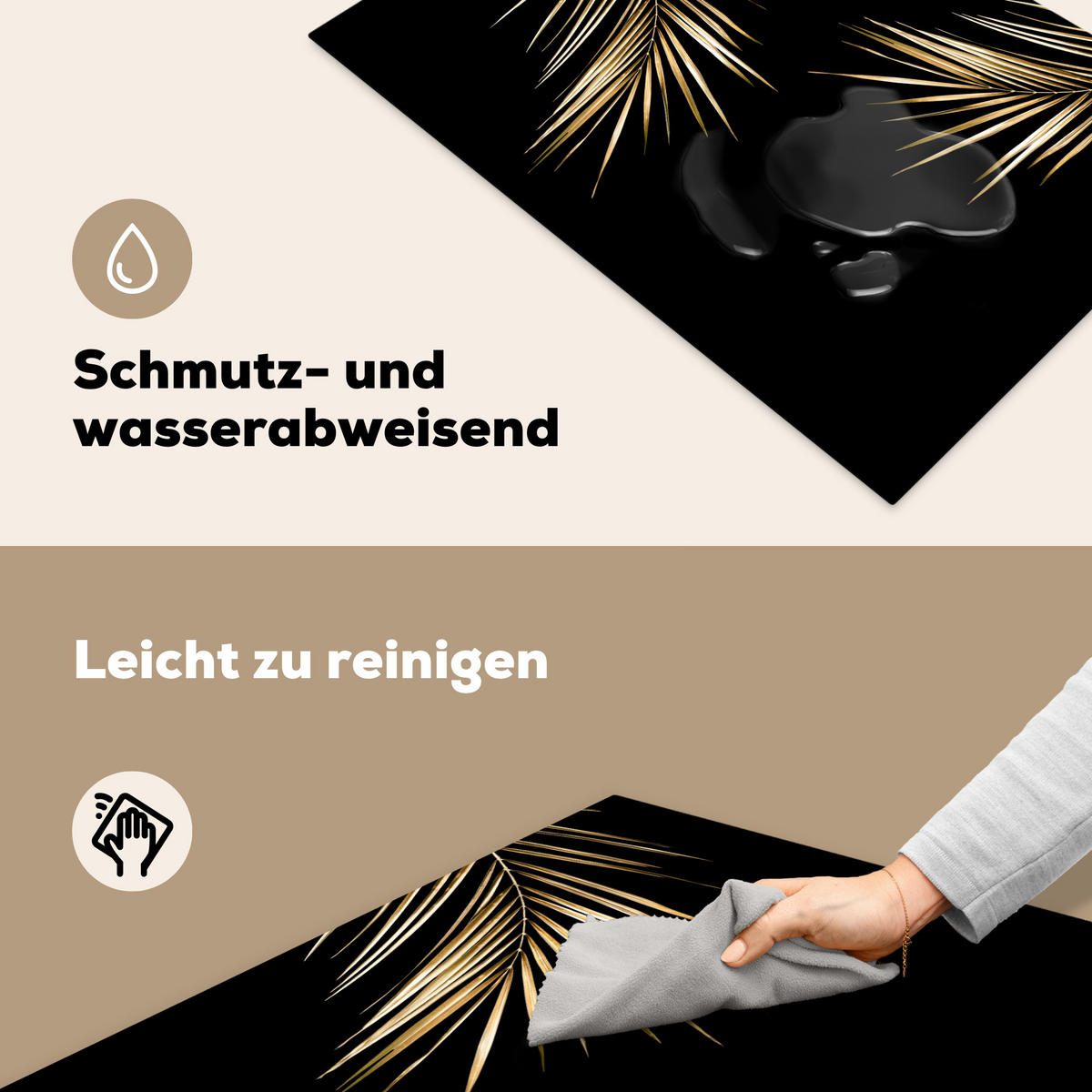 HERDABDECKPLATTE Blätter - Pflanzen - Gold - Schwarz - Luxus Induktionsschutz 81.6x52.7 cm - Goldfarben, Kunststoff (81.6/52.7/0.2cm) - MuchoWow