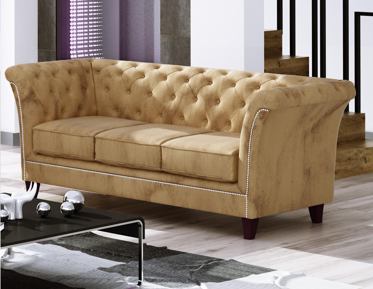 CHESTERFIELD-SOFA 3-Sitzer Fusion Beige Samt - Beige/Braun, Holz/Textil (237/75/82cm) - S-Style Möbel