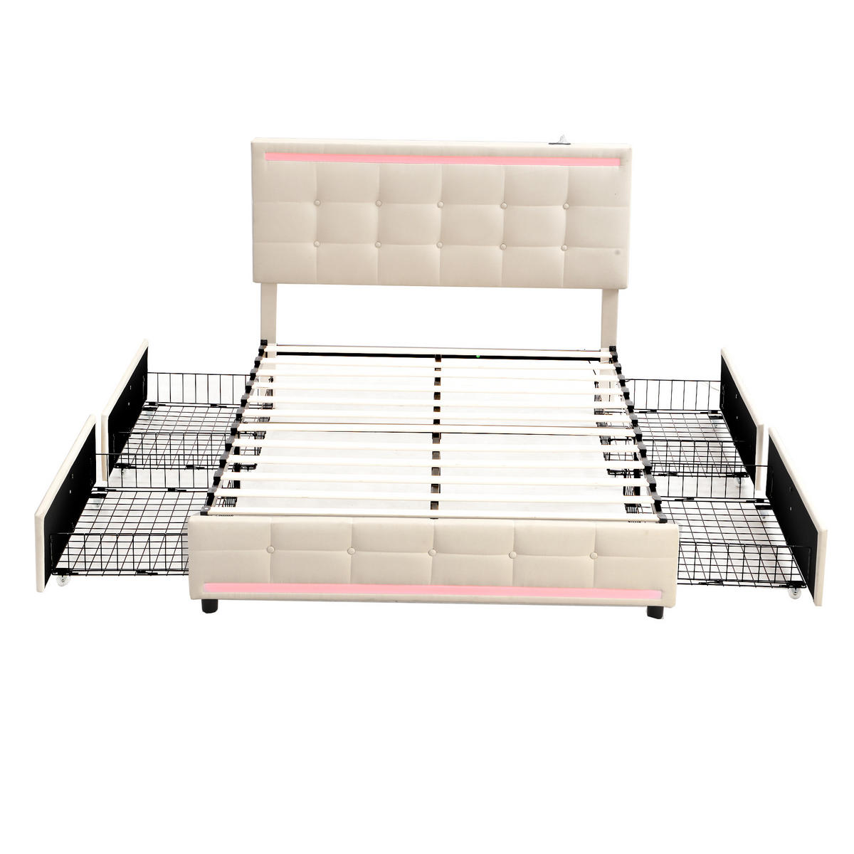 POLSTERBETT 140/200 cm in Beige Leinenstoff mit 4 Schubladen, LED und USB - Beige, Holzwerkstoff/Textil (140/200cm) - WISHDOR