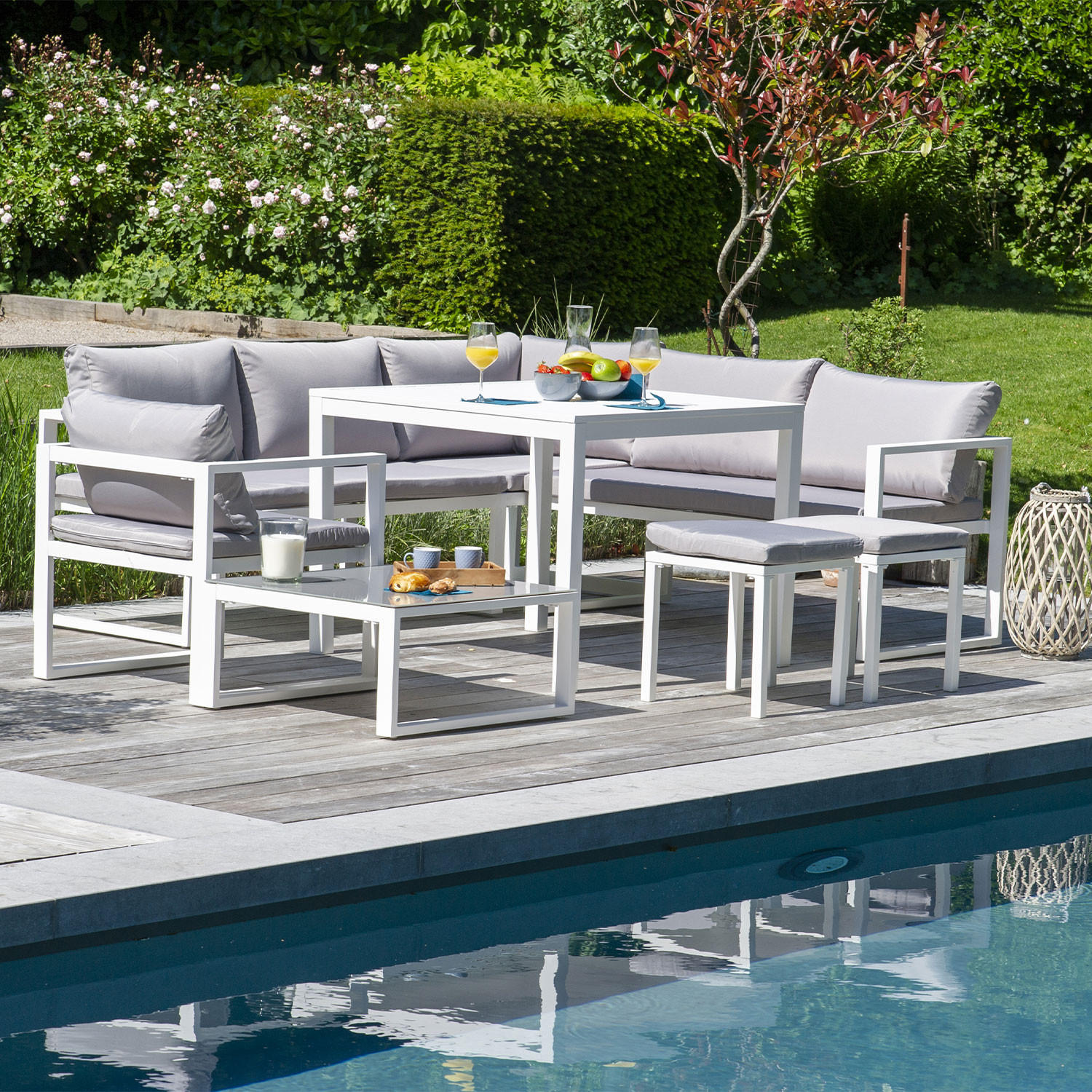 GARTENLOUNGE Ibiza Grau und Weiß 7 Plätze - Grau, Metall - Happy Garden