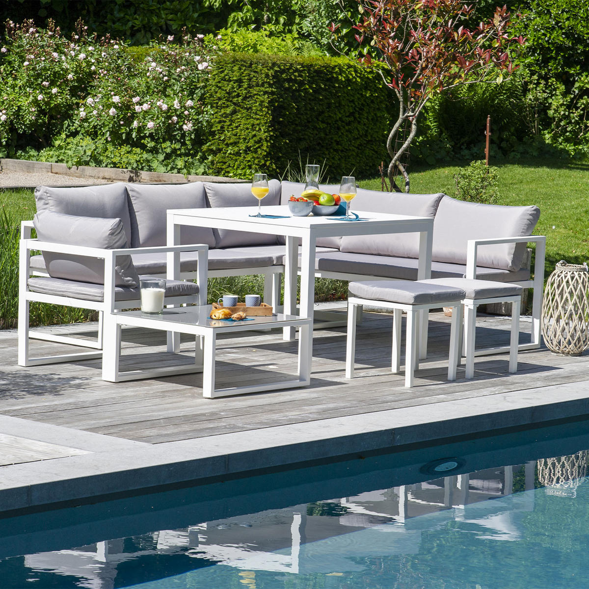 GARTENLOUNGE Ibiza Grau und Weiß 7 Plätze - Grau, Metall - Happy Garden