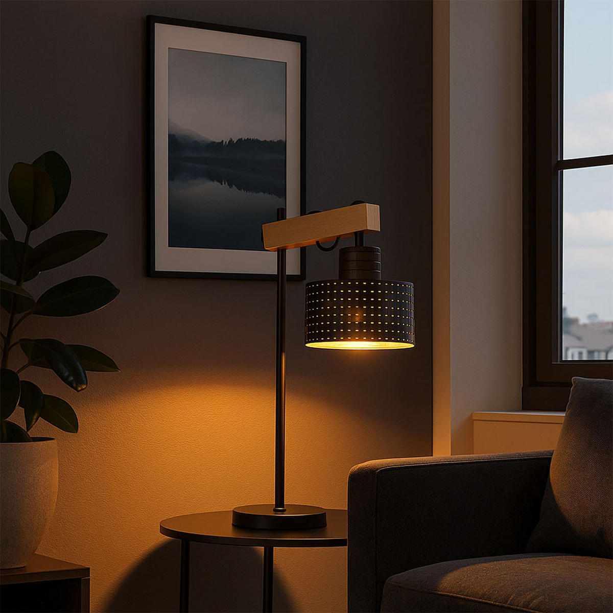 TISCHLEUCHTE Holzoptik Schwarz-Gold - Schwarz, Metall (31/18/55cm) - Globo Lighting