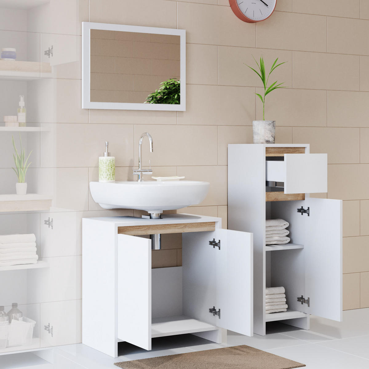 BADMÖBEL-SET Emma Weiß/Sonoma 3 Teile, mit Midischrank - Weiß/Sonoma Eiche, Holzwerkstoff (58/60/33cm) - Vicco
