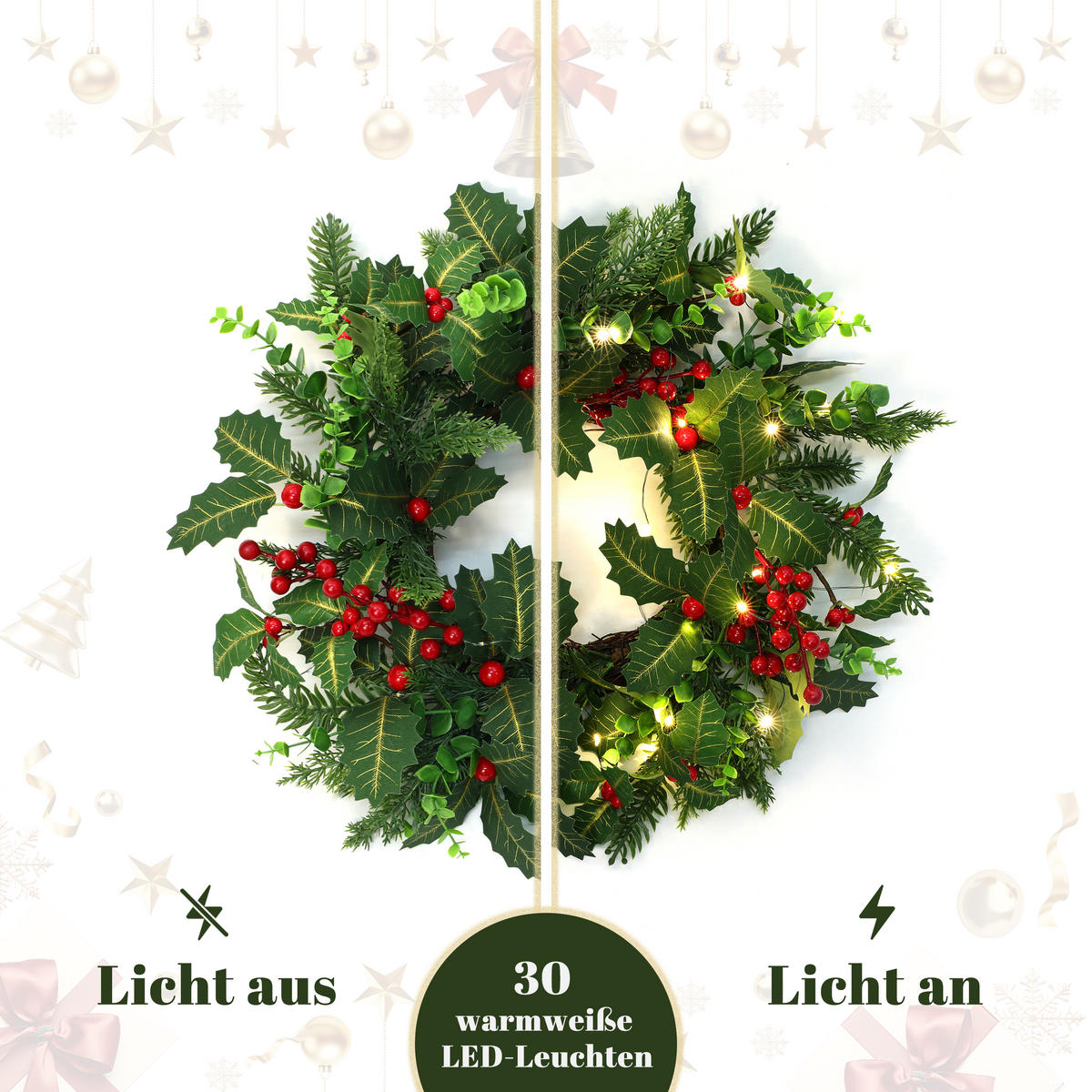 RUNDER LED-Weihnachtskranz Ø 40 cm mit roten Beeren, 30 LEDs, Timer - Dunkelgrün, Naturmaterialien (40cm) - Hometopia