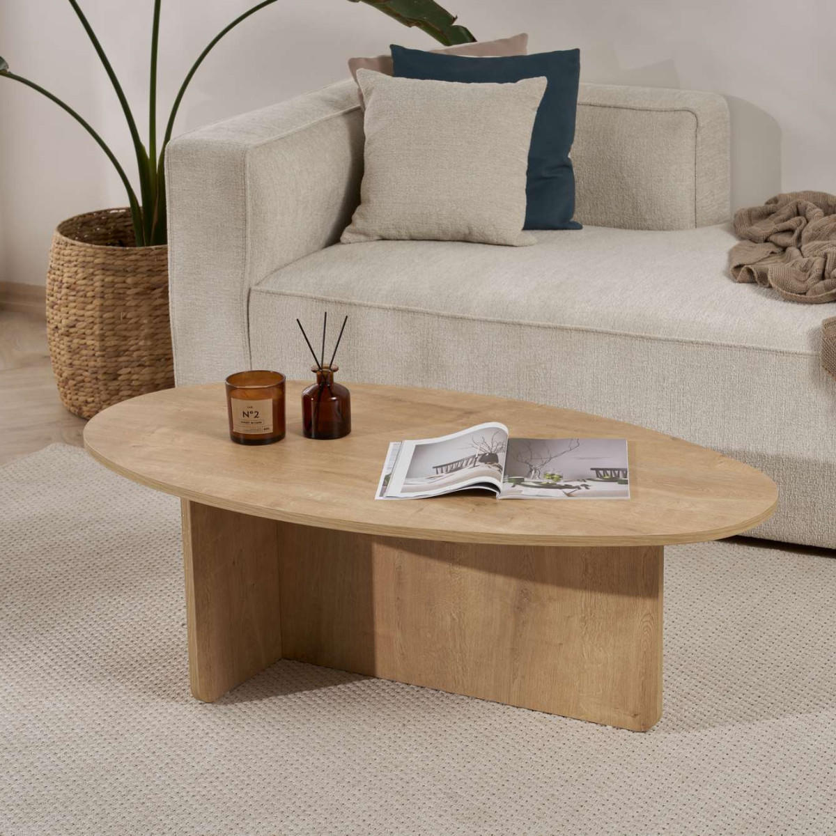 COUCHTISCH mit ovaler Platte L125 cm 65/120/40 cm - Eichefarben, Holzwerkstoff (70/65/40cm) - Calicosy