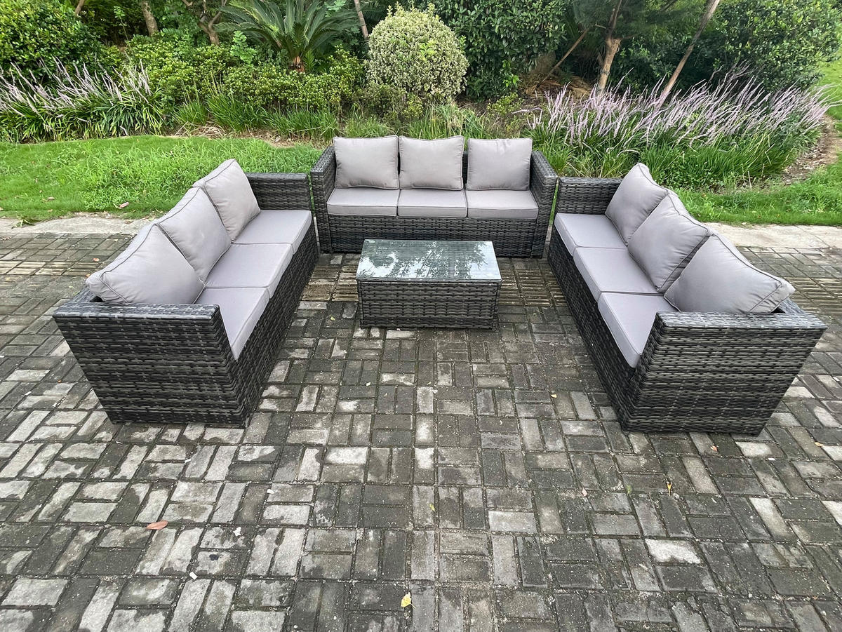 GARTENSET Polyrattan 9-Sitzer - Dunkelgrau, Metall - Fimous