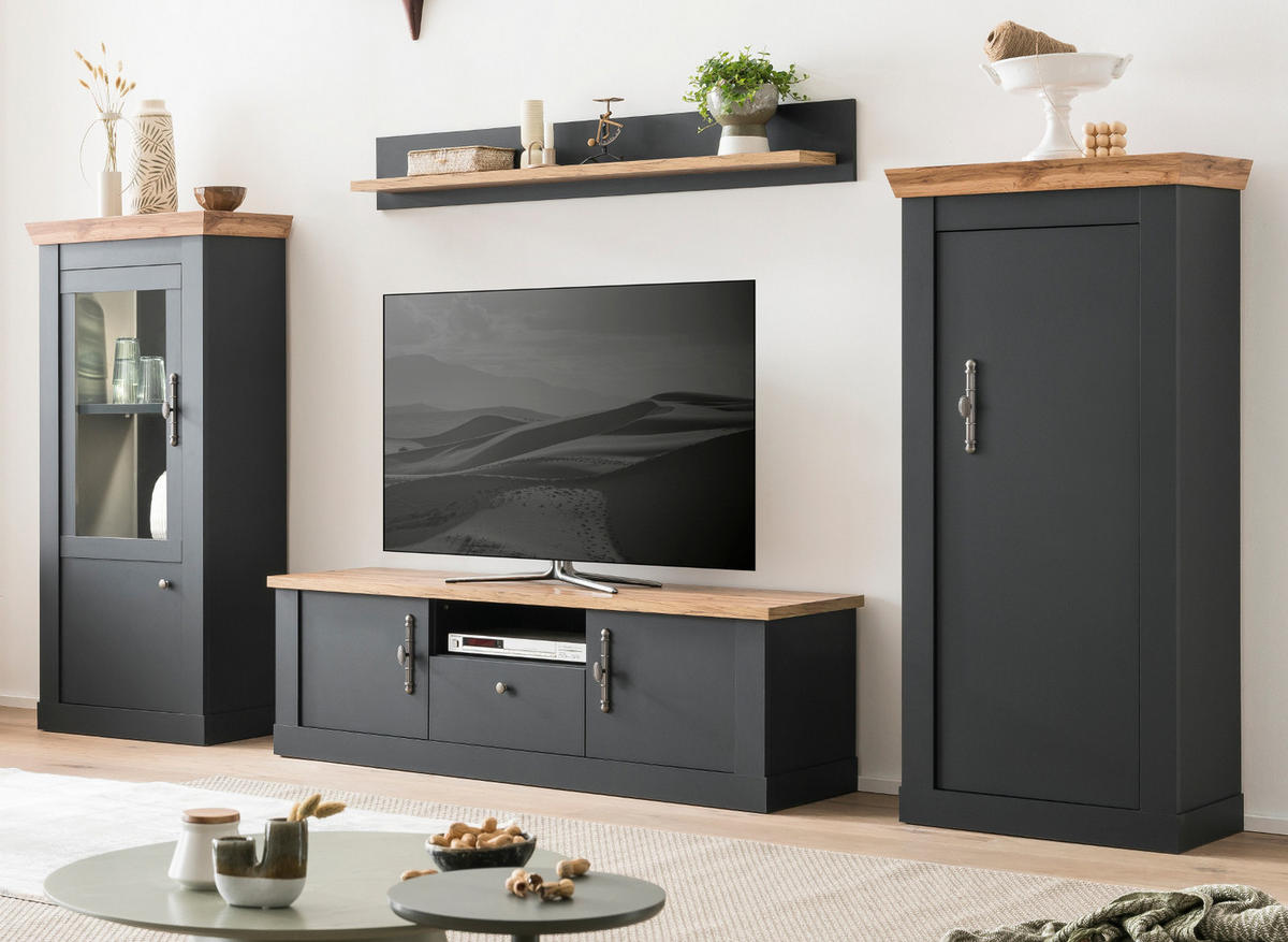 WOHNWAND 4-teilig grau, Eiche Wotan, Landhaus 322 x 170 cm, Wohnkombination mit Soft-Close - Silberfarben/Eiche Wotan, Glas/Holzwerkstoff (322/170/45cm) - Furn.Design