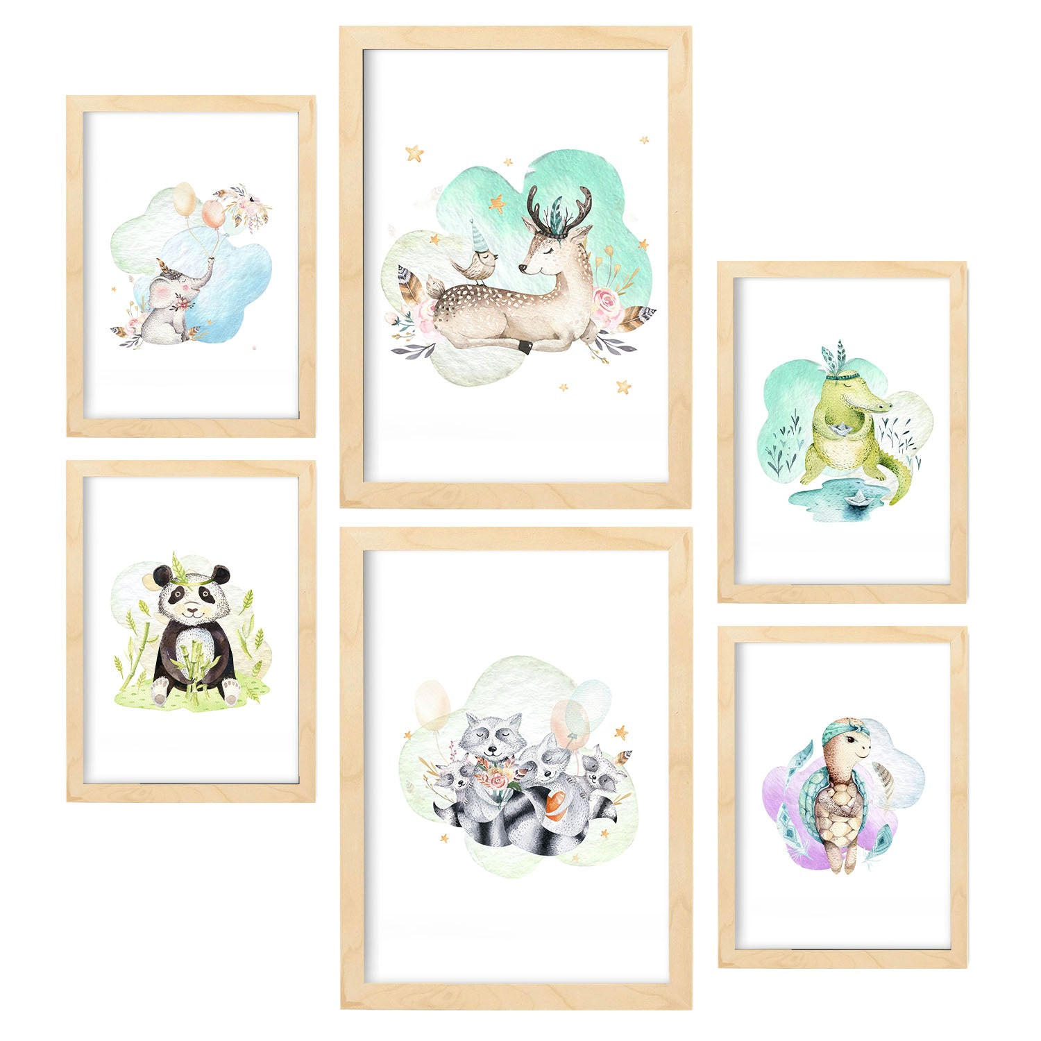 POSTER Set Mit 6 Tierfamilien Weißer Hintergrunddruck Mit Tierfamilienthemen Im Pastell Aquarell Stil Innenarchitektur A3 & A4 Rahmen Aus Hellem Holz - Beige, Papier (29/3cm) - Nacnic