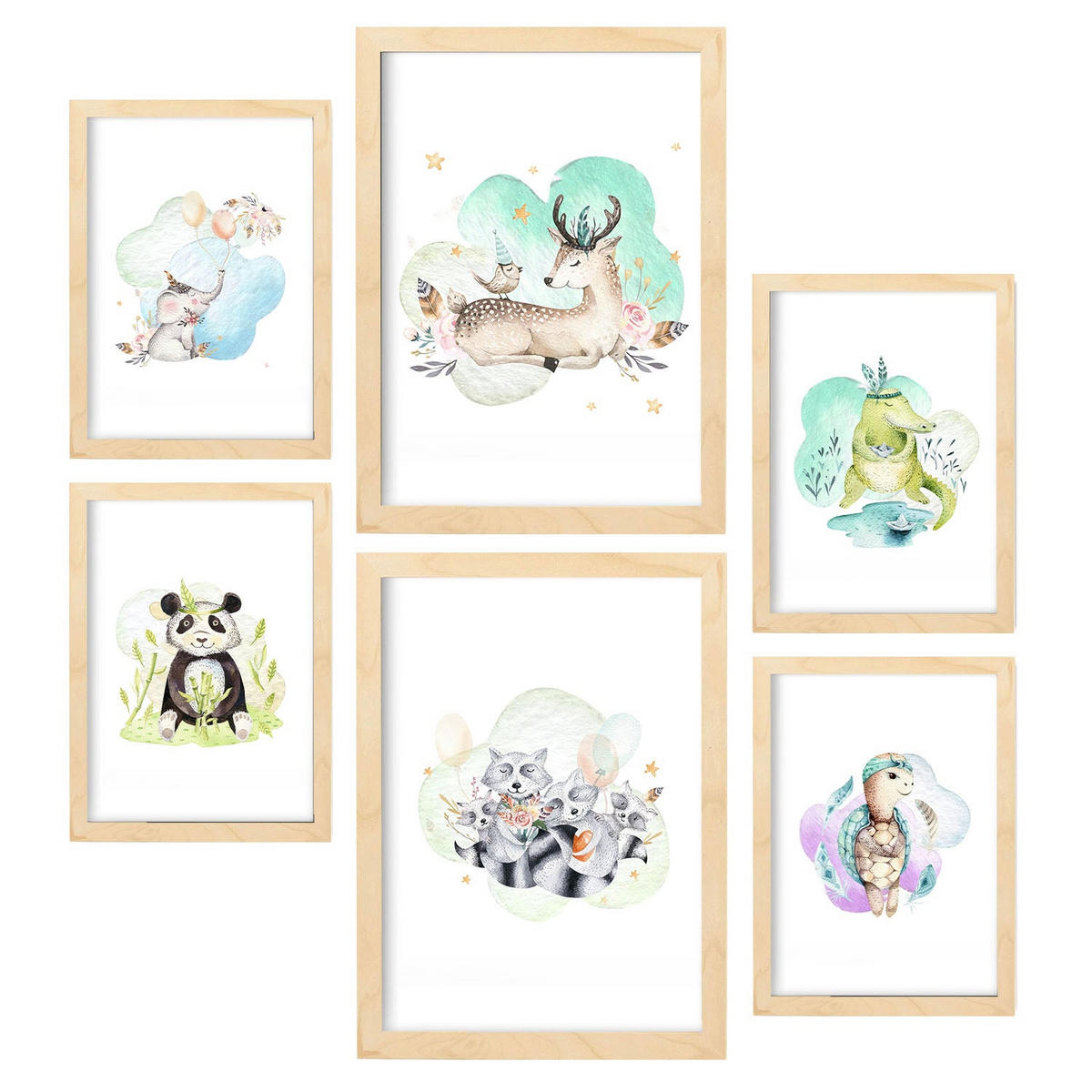 POSTER Set Mit 6 Tierfamilien Weißer Hintergrunddruck Mit Tierfamilienthemen Im Pastell Aquarell Stil Innenarchitektur A3 & A4 Rahmen Aus Hellem Holz - Beige, Papier (29/3cm) - Nacnic