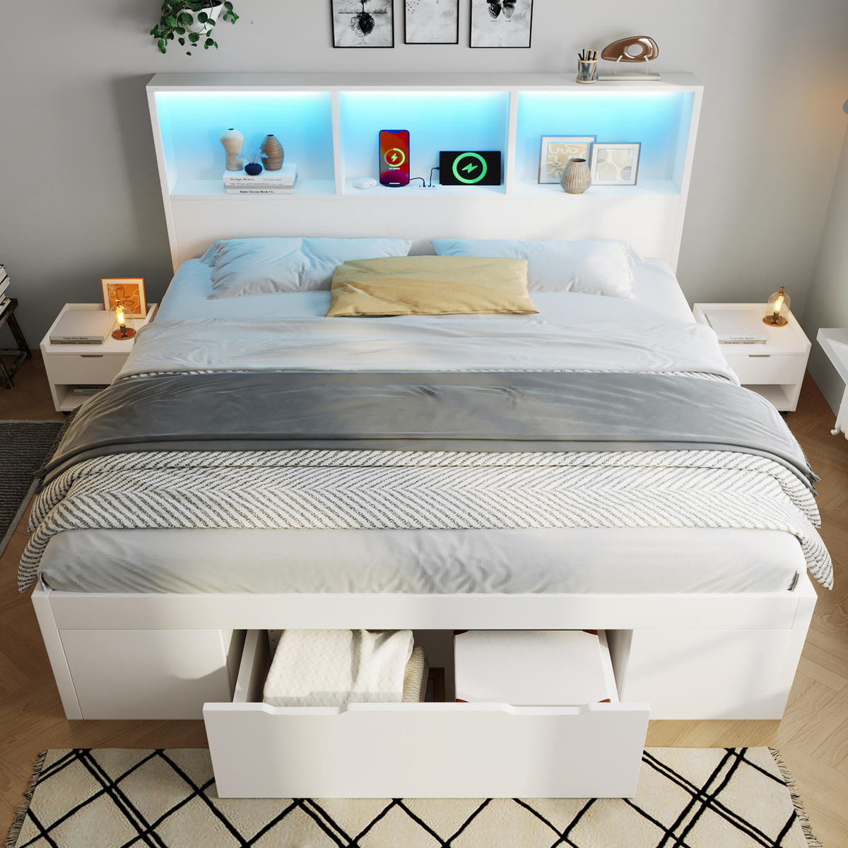 BETT 140/190 cm in Weiß mit Schublade, Regalen, LED und USB Type-C Holz Design - Weiß, Holzwerkstoff (140/190cm) - STILVORA