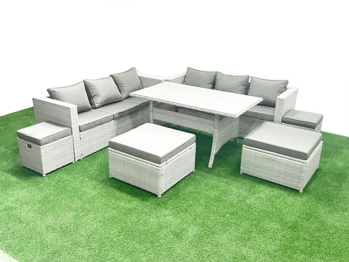 GARTENSET mit Esstisch,Sofa,3 Fußhocker Polyrattan Hellgrau 10-Sitzer - Hellgrau/Grau, Glas/Kunststoff - Fimous