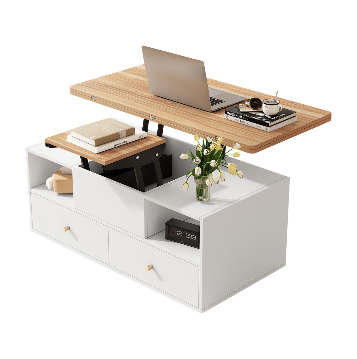 KONFERENČNÍ stolek, 100/50/47,5 cm, MDF v dekoru přírodního dřeva a bílé, výškově nastavitelný - přírodní, kompozitní dřevo (100/50/47.5cm) - BEAOK