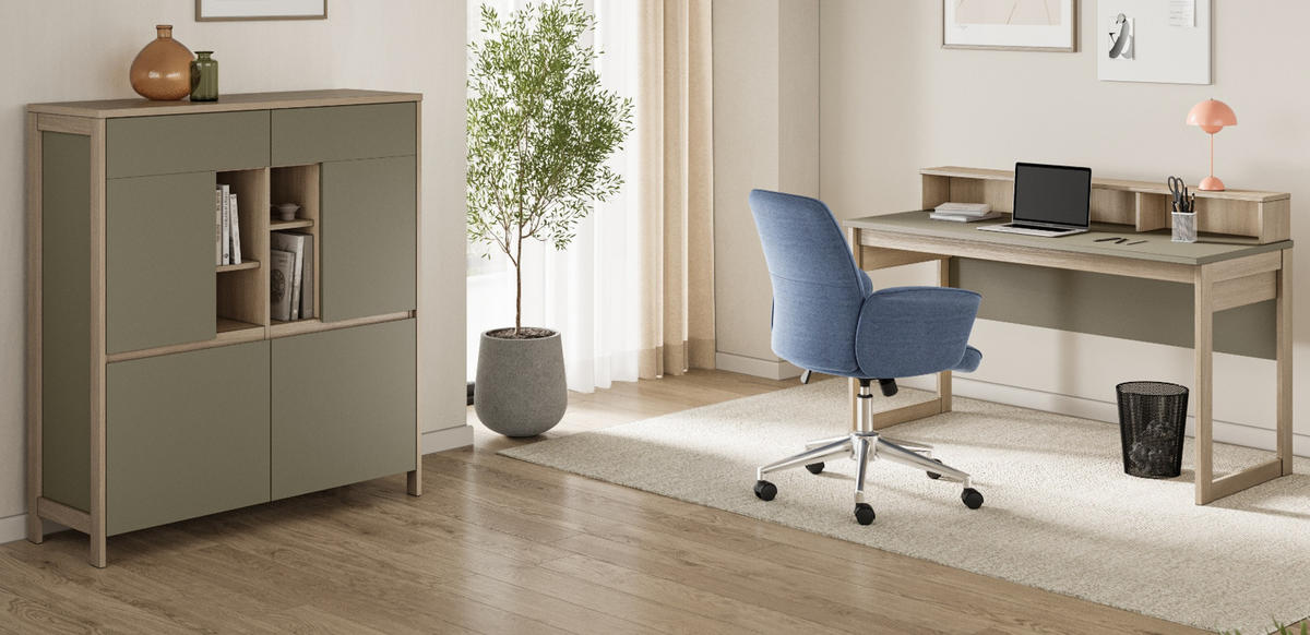 WOHNKOMBINATION Salbei grün, Eiche mit Highboard und Schreibtisch skandinavisch, Soft-Close - Salbeigrün/Eichefarben, Glas/Holzwerkstoff (246/125/60cm) - Furn.Design