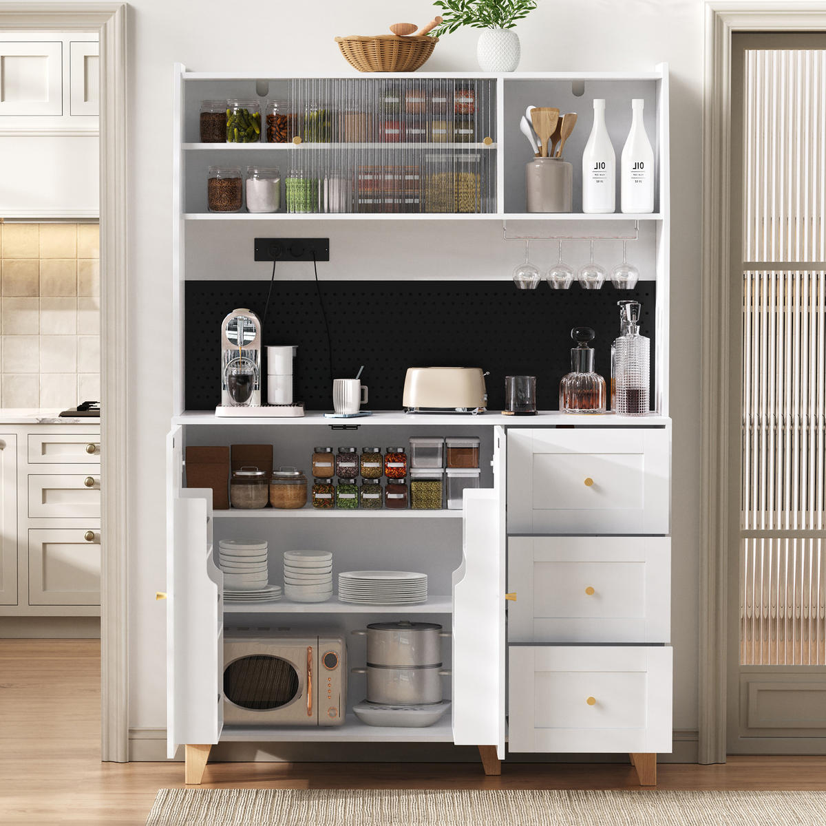 BUFFET 120x40x184 cm Weiß mit Fluted Glas & Ladestation - Weiß, Holzwerkstoff (40/184/120cm) - Modfu