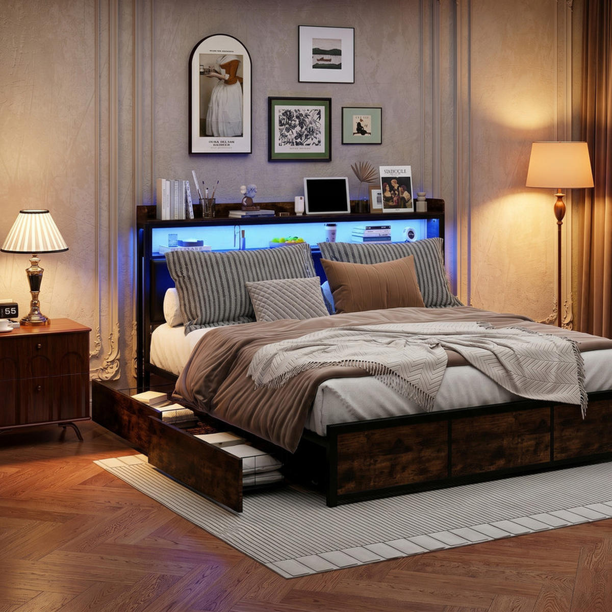 METALLBETT 180/200 cm mit Schubladen und LED - Schwarz, Holz - SHOPENTRA