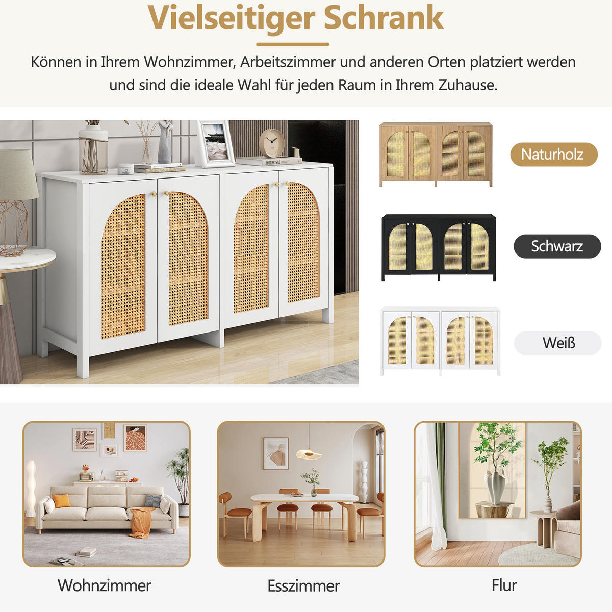 SIDEBOARD 145/80/40 cm Weiß aus MDF mit 4 Kunst-Rattantüren - Weiß, Holzwerkstoff (80/40/145cm) - OKMYHOME