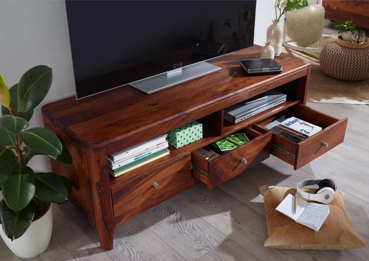 TV-BOARD Sheesham146x50x55 walnuss geölt BROOKLYN #16 - Dunkelbraun, Holz (146/55/50cm) - Massivmoebel24