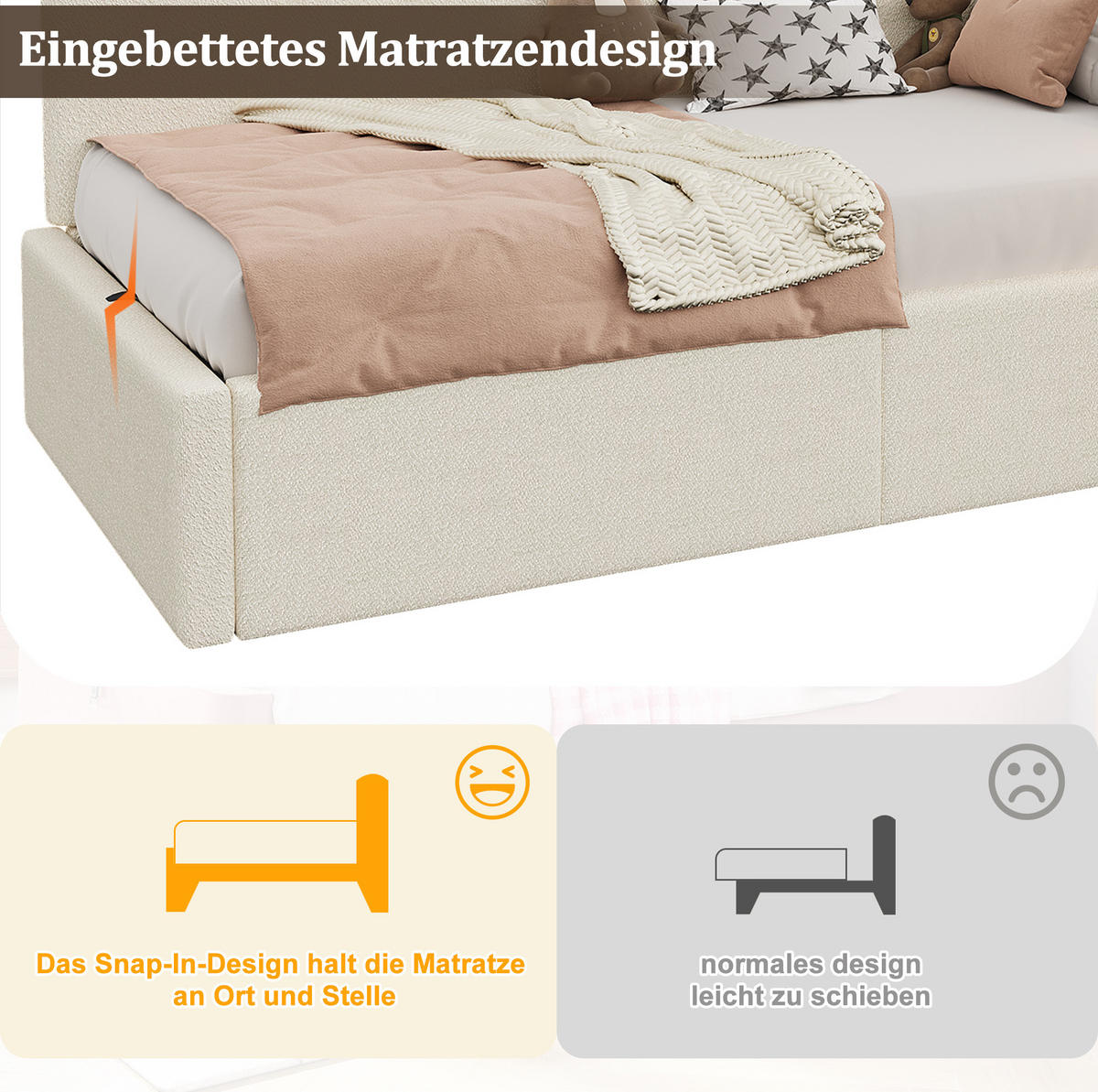 TAGESBETT 90/200 cm mit hydraulischem Stauraum, USB- und Typ-C-Anschluss, Leselampe und Bouclé-Bezug, Beige - Beige, Textil (90/200cm) - Redom
