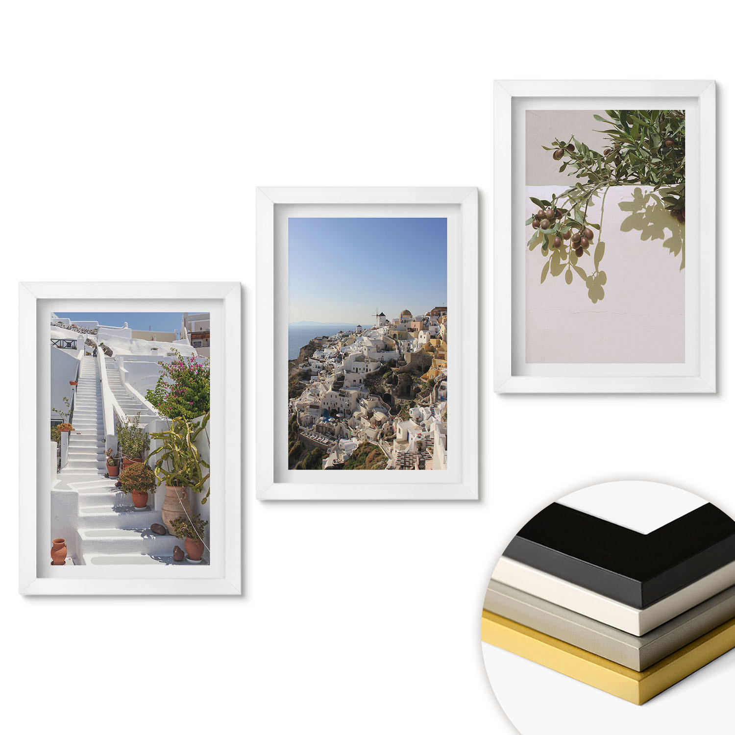 WANDBILDER 3er-Set - 20x30 cm Weißer Rahmen - Weiße Treppe mit Blick auf Santorini - Weiß, Kunststoff (20/30cm) - ArtPrintCave