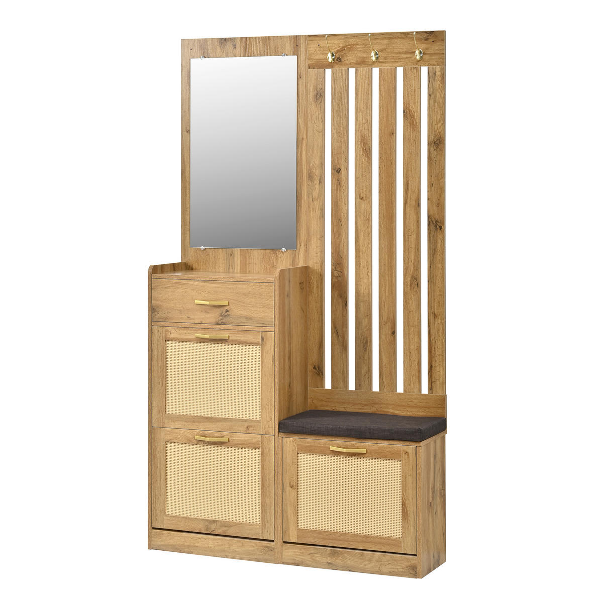 GARDEROBE 100cm Natur & Rattanoptik mit Schuhkipper, Spiegel & Sitzbank - Naturfarben, Holzwerkstoff (99.5/180/26cm) - Urban Meuble