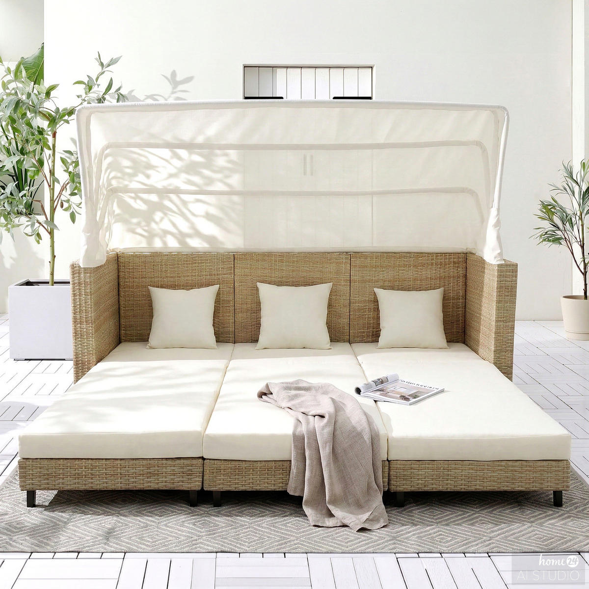 SONNENINSEL - 3-teilig - Polyrattan / Webstoff - Beige / Creme - Beige, Kunststoff/Textil (200/159/75cm) - home24