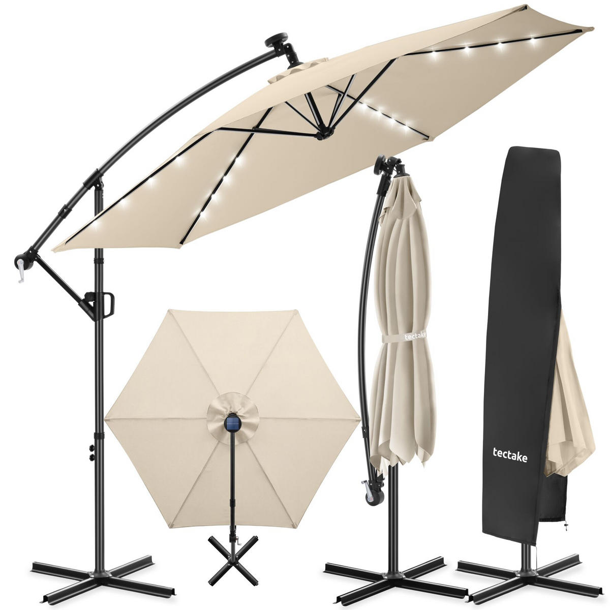 AMPELSCHIRM Artemis, mit LED Solar-Beleuchtung, inkl. Schutzhülle, beige - Beige, Metall (300/300cm) - tectake