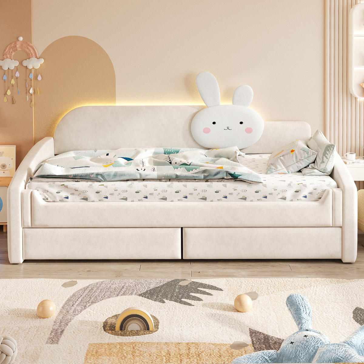 POLSTERBETT Kinderbett 90/200 cm Beige mit LED und Stauraum - Beige, Textil (90/200cm) - MIVRAY