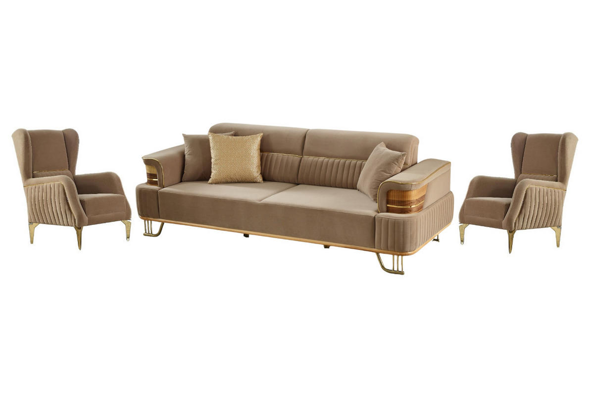 SITZGARNITUR Braga Hellbraun Stellvariante:3+1+1 - Beige, Holz (230/85/95cm) - Villa Möbel