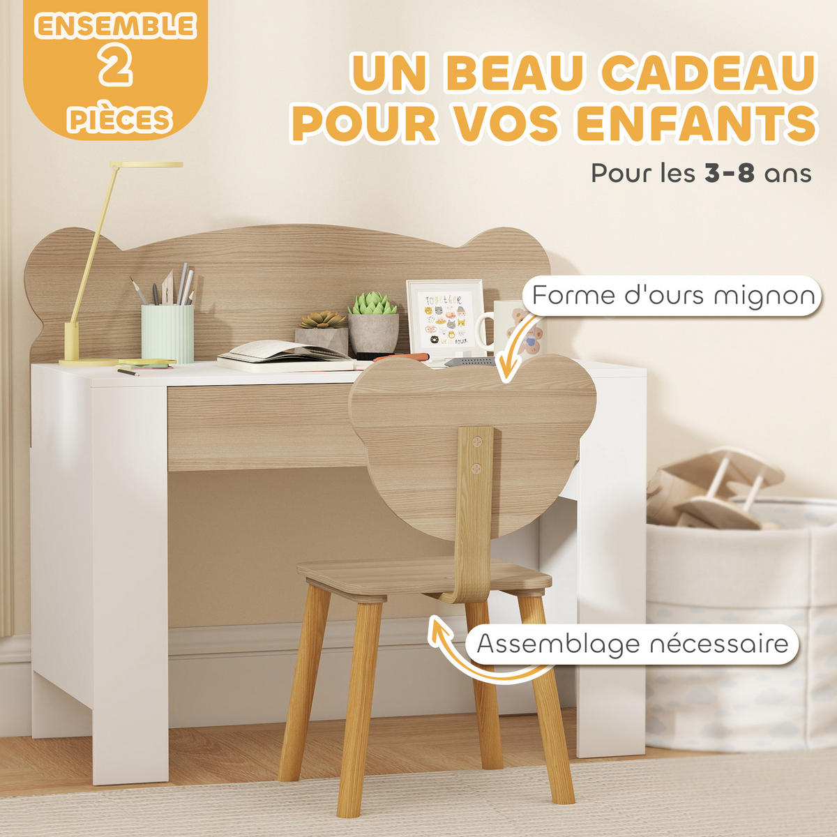 SCHREIBTISCH-SET DE-17531 mit Schublade und Bärenmotiv Naturholz - Naturfarben, Holzwerkstoff (80/74.5/41cm) - ComfortXL