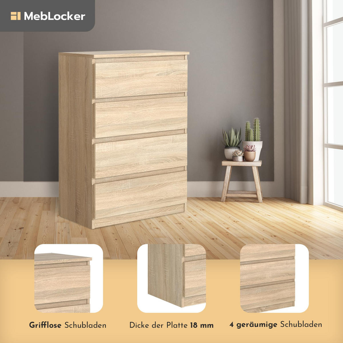 KOMMODE mit 4 Schubladen SonomaEiche - Sonoma Eiche, Holzwerkstoff (102/70/39cm) - MebLocker
