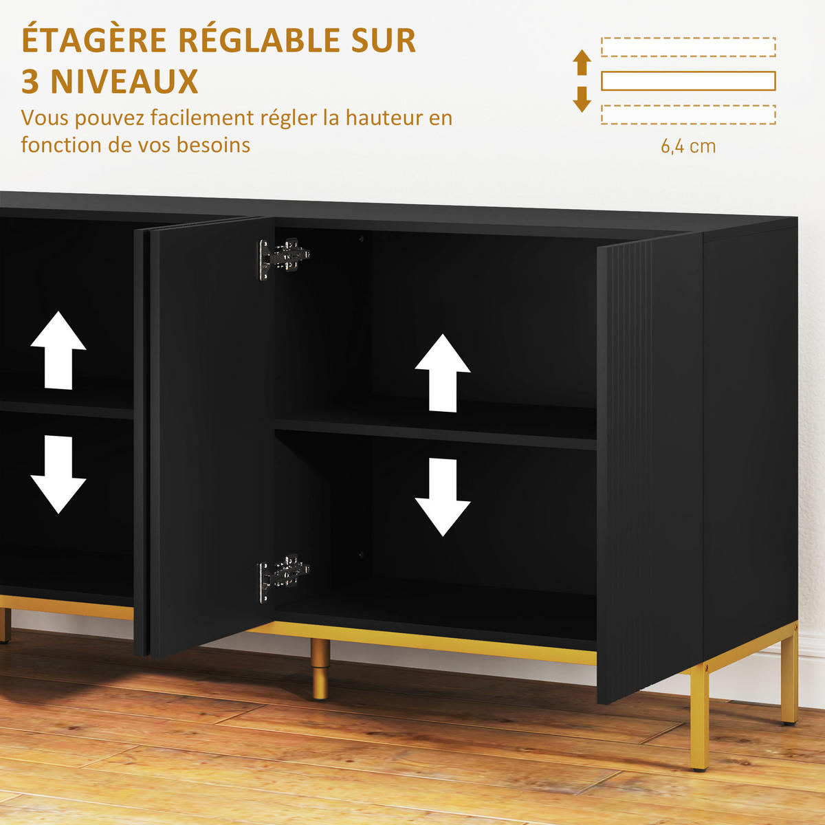 SIDEBOARD Schwarz und Goldfarben, 4 Türen, 140/40/75 cm - Schwarz, Holz (140/75/40cm) - PANGIVO