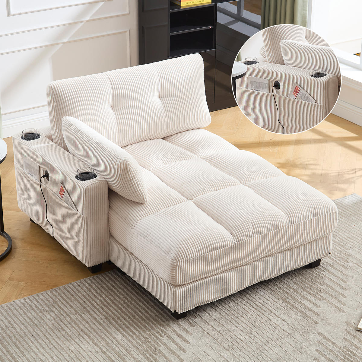 RÉCAMIERE Cord Beige mit USB, Getränkehaltern und Seitentasche - Beige, Holzwerkstoff/Kunststoff (140/81/121cm) - WISHDOR