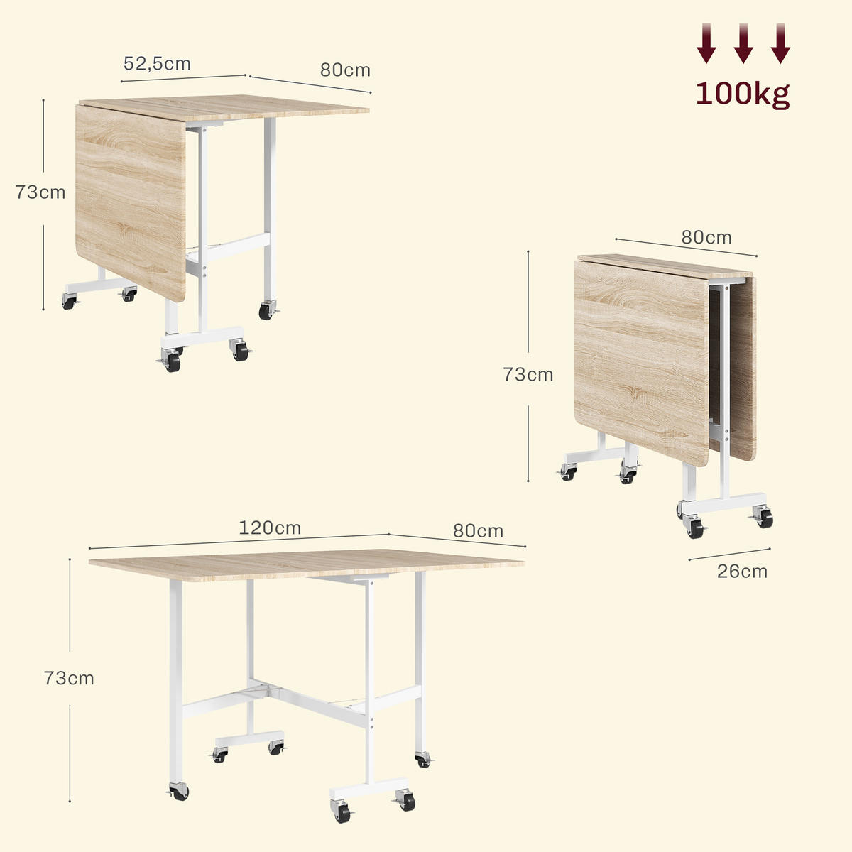 KLAPPTISCH Spanplatte, Stahl Eiche - Eichefarben/Weiß, Holzwerkstoff/Metall (120/80/73cm) - HOMCOM