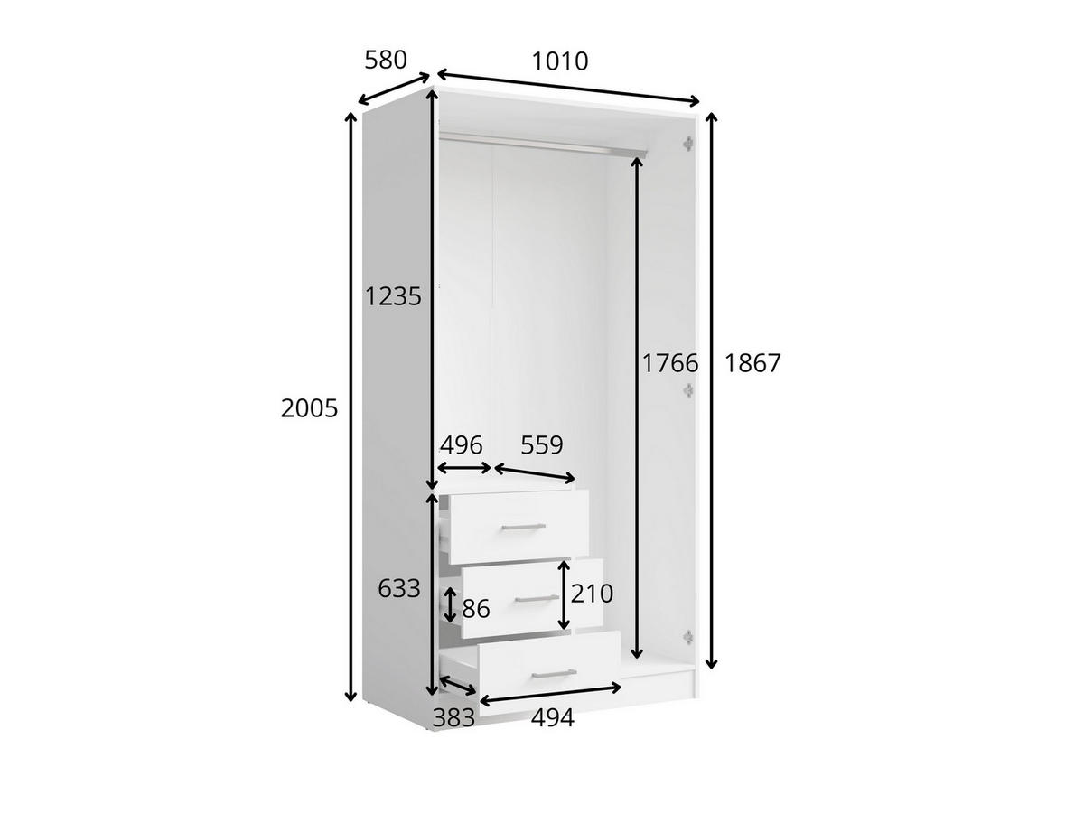 DREHTÜRENSCHRANK NEVARIS 101/200,5/58cm 2-türig mit Spiegel Weiß - Weiß, Holzwerkstoff (101/200.5/58cm) - MASSENO