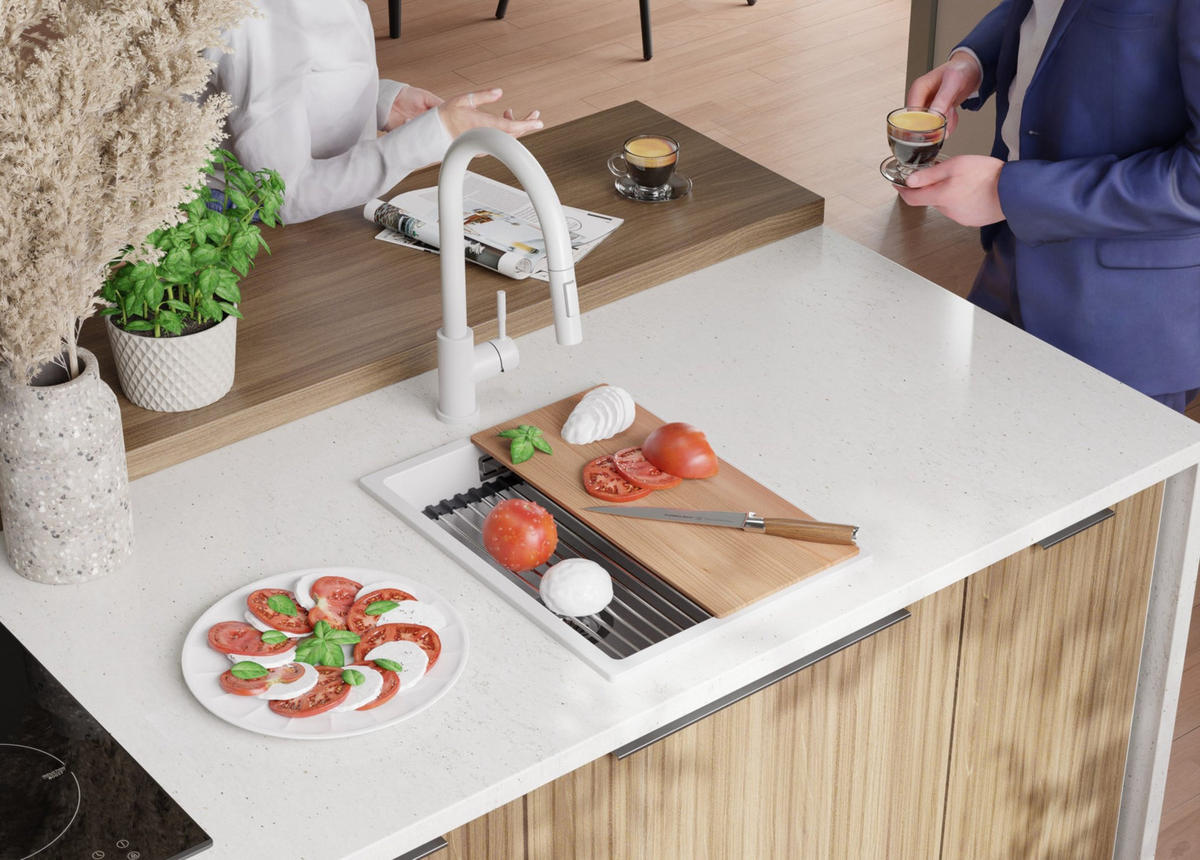 SPÜLBECKEN Praga Slim, 2-er set Weiß 36/47 cm 1 Becken + Ablauf-Set + Aufrollbare Abtropffläche ab 40er Unterschrank - Chromfarben/Weiß, Kunststoff (36/20/47cm) - Primagran