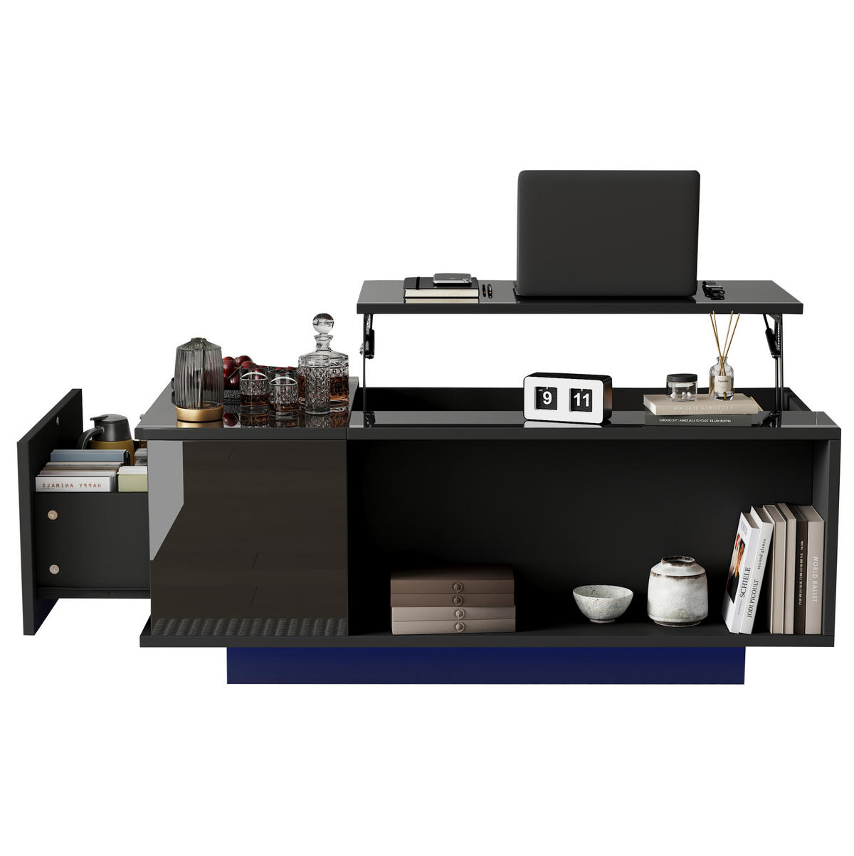 KLUB stolić, 100/50/40 cm crni, podesiv po visini s prostorom za pohranu i LED rasvjetom - crna, drvni materijal (100/50/40cm) - BEAOK