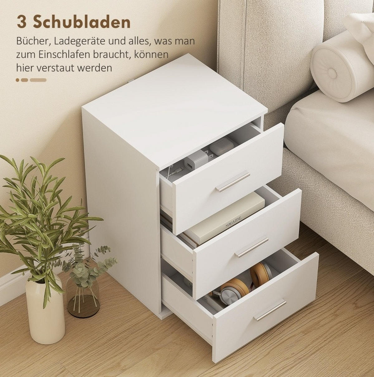 NACHTTISCH mit 3 Schubladen 40/35/60 cm in Weiß – kompakt & vielseitig - Weiß, Holz (35/60/40cm) - BEAOK