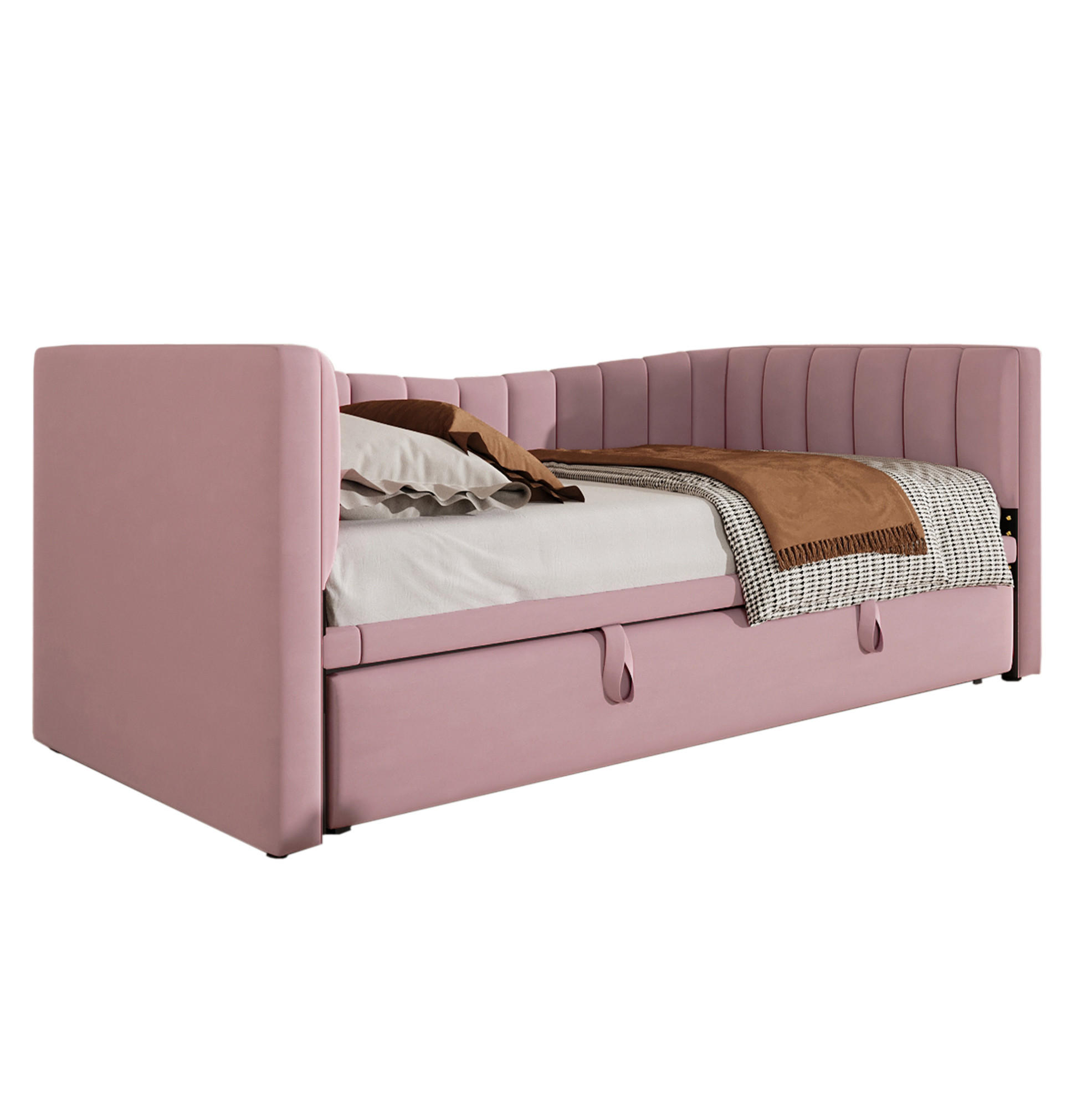 TAGESBETT 90/200 cm mit ausziehbarem Rollbett, Samtbezug und MDF-Gestell, Rosa - Rosa, Textil (180/200cm) - Redom