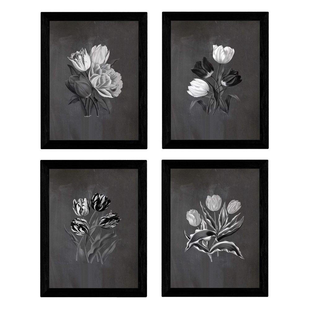 POSTER Set mit 4 Botanische Schwarz Hintergrund Tulpen A3 Rahmenlos - Klar, Papier (29.7/3cm) - Nacnic