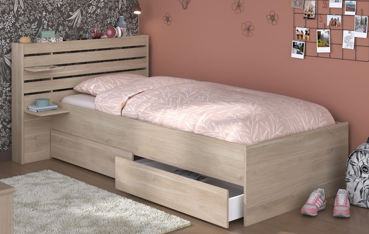 STAURAUMBETT Jugendzimmer Bett 90 x 200 mit 2 x Bettschubkasten - Eichefarben, Holz/Holzwerkstoff (200/90cm) - Parisot Meuble