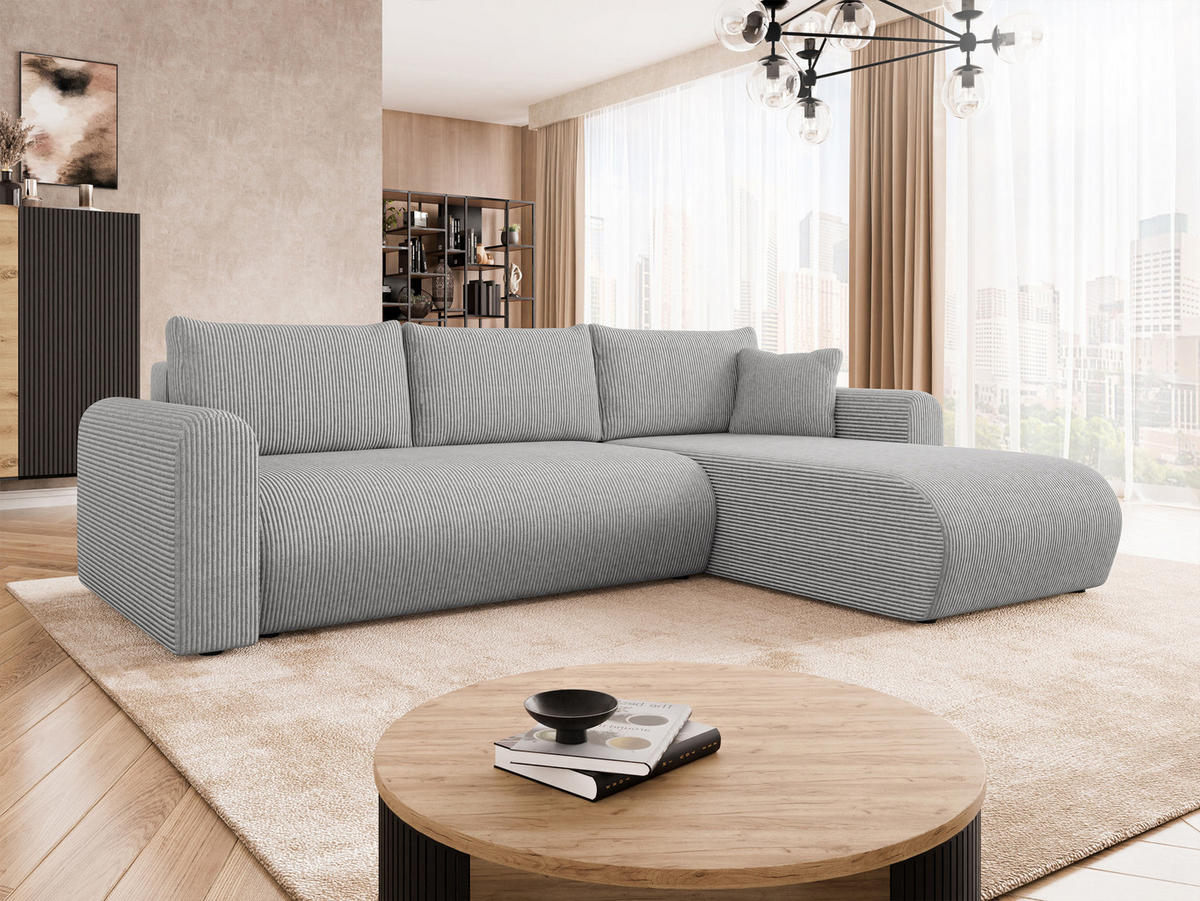 ECKSOFA Eliwo Cord - Hellgrau/Schwarz, Holz/Textil (252/158cm) - MIRJAN24