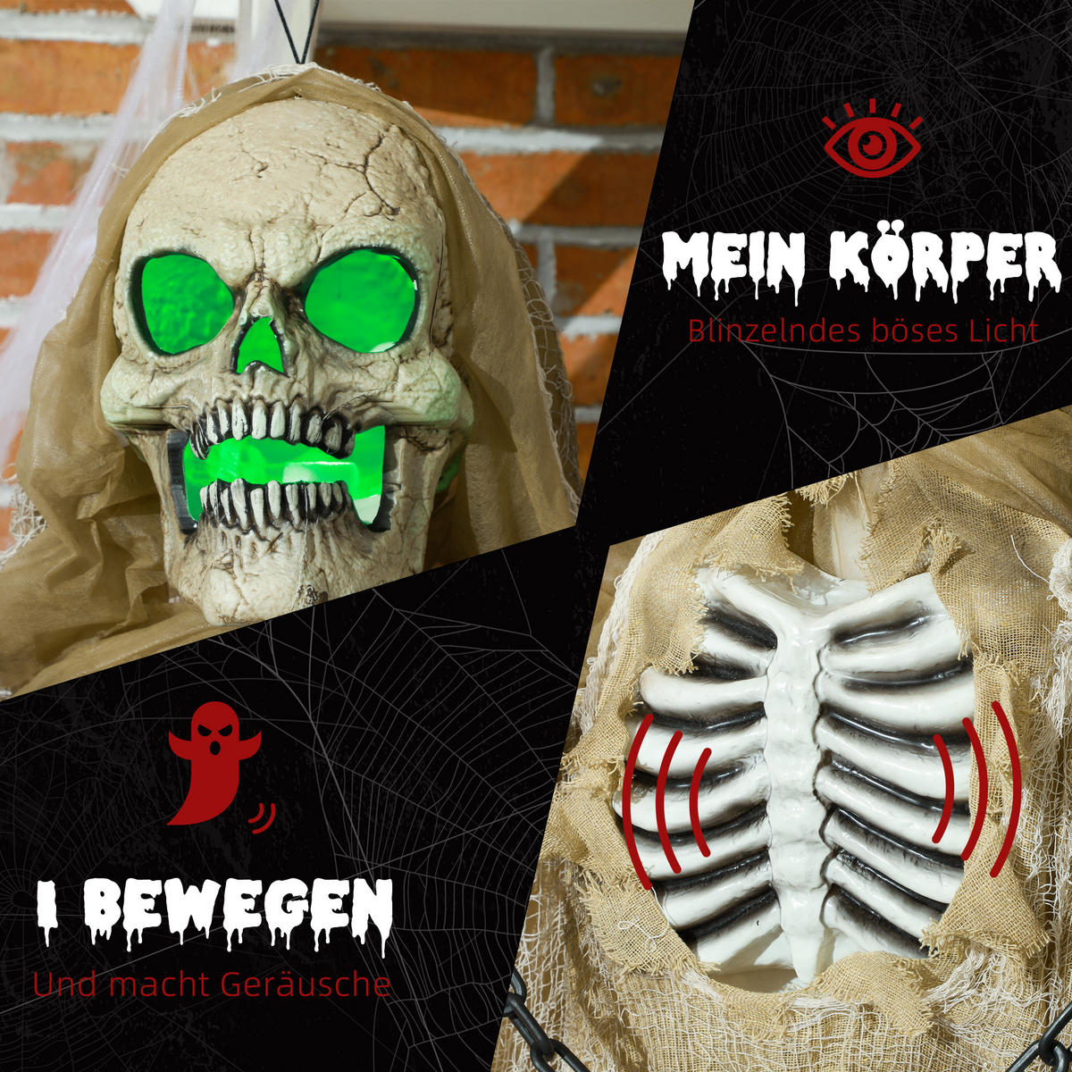 183CM Halloween Dekoration Hängendes Skelett mit LED-Lichter, Soundfunktion - Hellbraun, Kunststoff/Metall (18/183/70cm) - HOMCOM