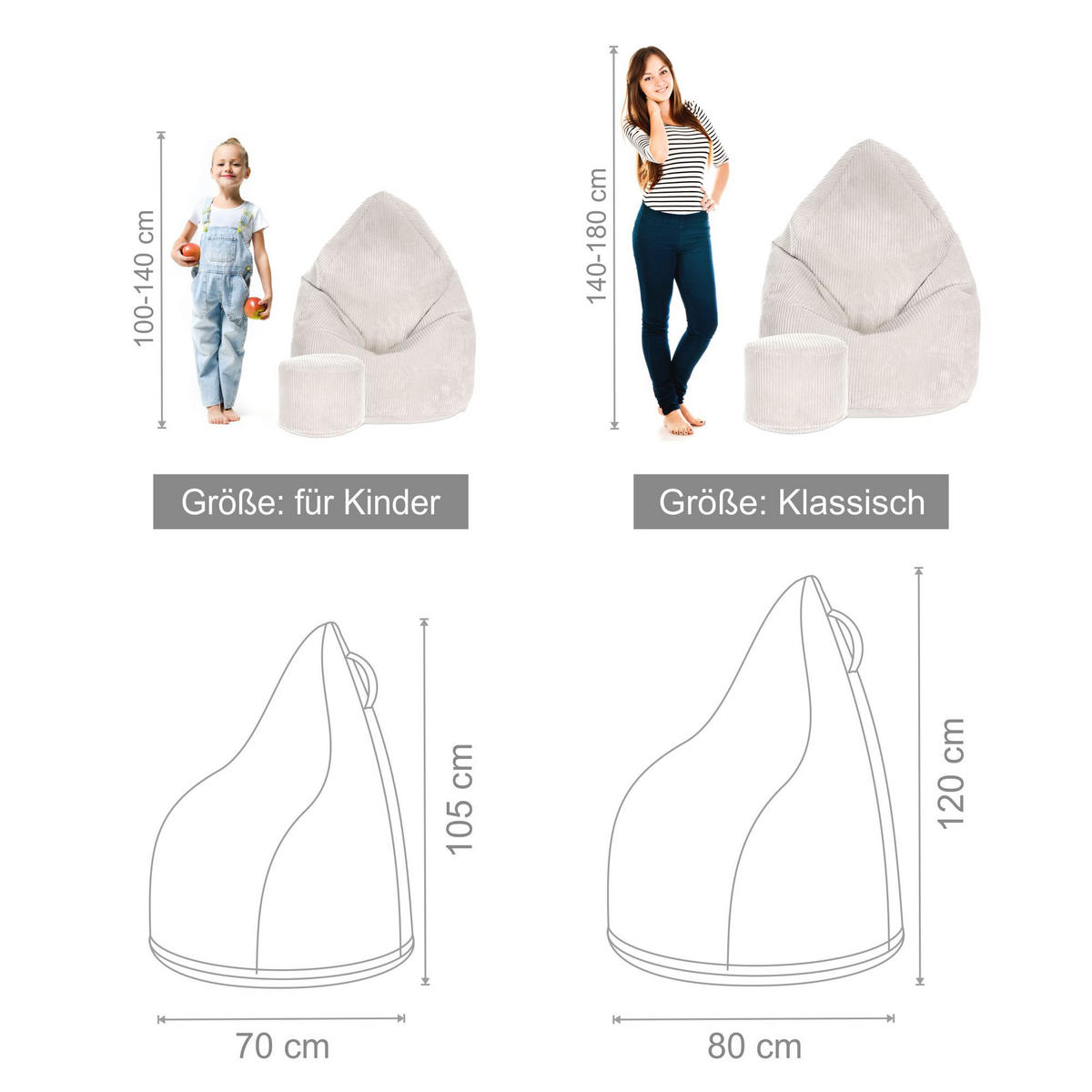 SITZSACK MIT FUßSTÜTZE Kordsamt 2-tlg White Dove M - Beige/Creme, Textil (80/120/80cm) - Dreamroots