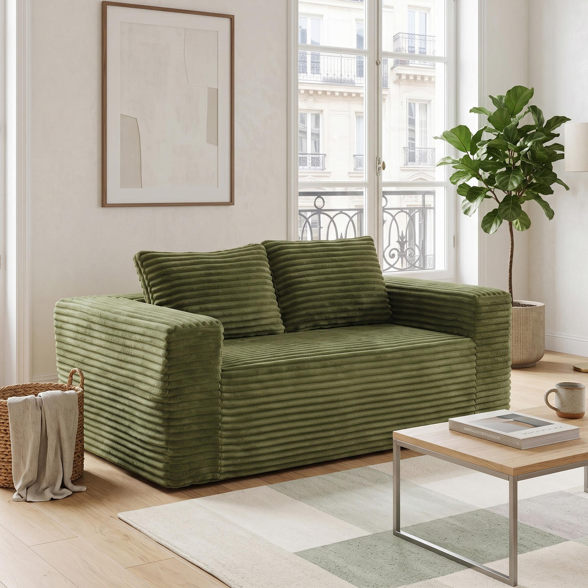 POHOVKA Zelená z manšestru, dvoumístná, bez montáže - zelená barva, textil (160/58/88cm) - Urban Meuble