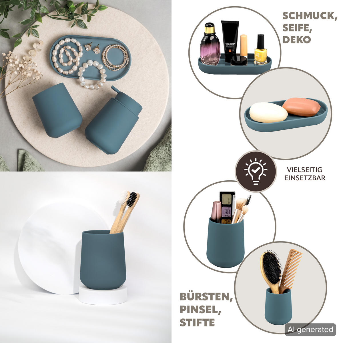 BAD-ACCESSOIRES-SET TESERO 3tlg., Soft-Touch, blau - Blau, Kunststoff (8.5/12/9cm) - eluno