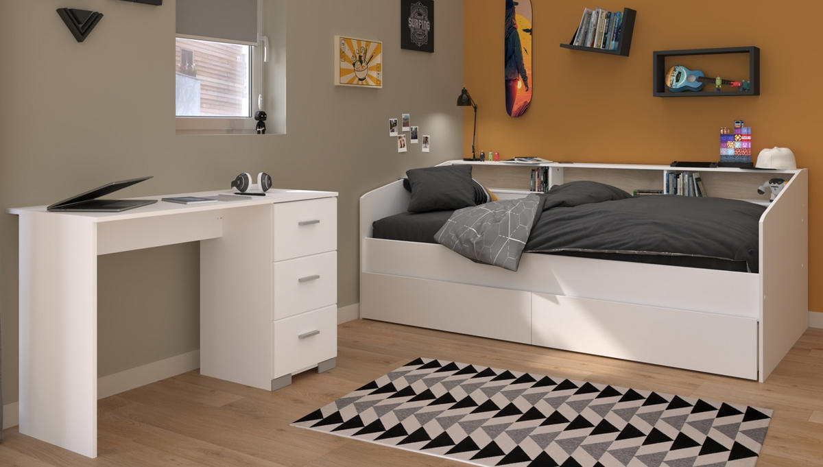 KINDERZIMMER Set 2-tlg. Schreibtisch und Bett mit Stauraum 90x200 cm - Silberfarben/Weiß, Holz/Holzwerkstoff (203/82/113cm) - Parisot Meuble