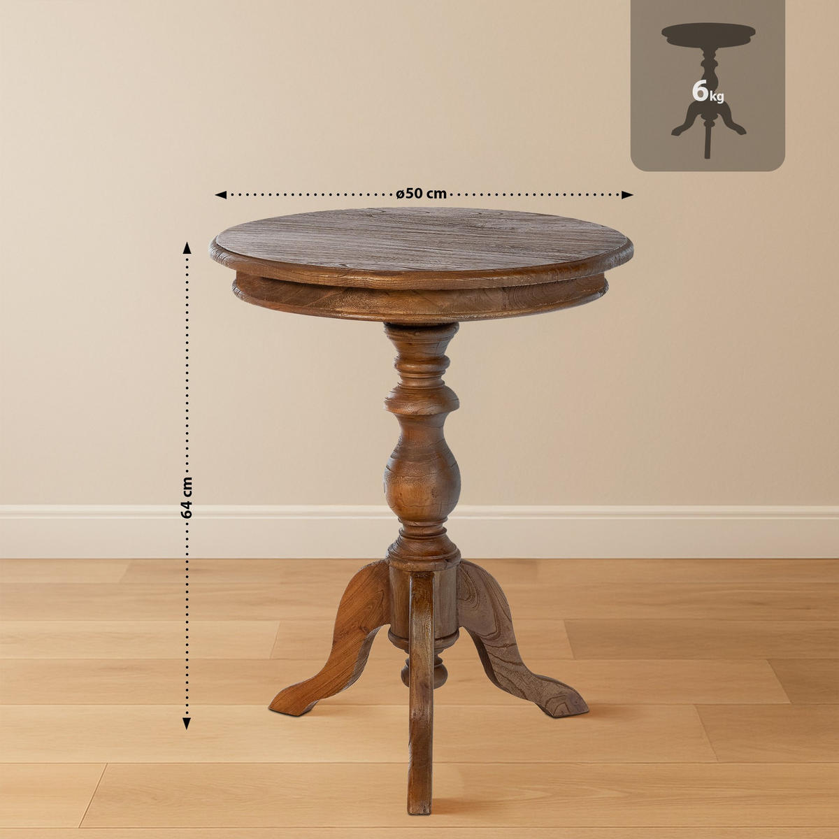 BEISTELLTISCH rund 50 cm Holz Braun - Eukalyptusholzfarben/Braun, Holz (50/50/64cm) - CLP