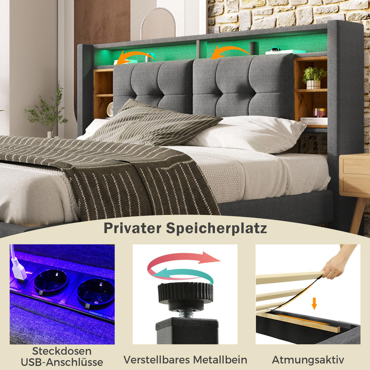 OBLAZINJENA postelja 140/200 cm z LED osvetlitvijo, USB priključki, vtičnicami in shranjevalnim vzglavjem, Siva - siva, les (140/140cm) - Redom