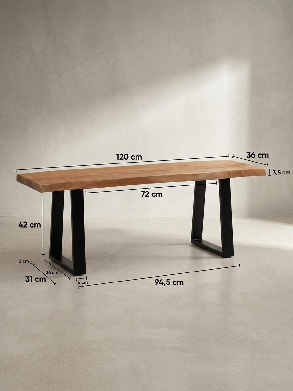 GARDEROBENBANK Massivholz Metall Baumkante, Akazie-Schwarz 120x40x46 cm - Schwarz/Braun, Holz/Metall (120/46/40cm) - KADIMA DESIGN